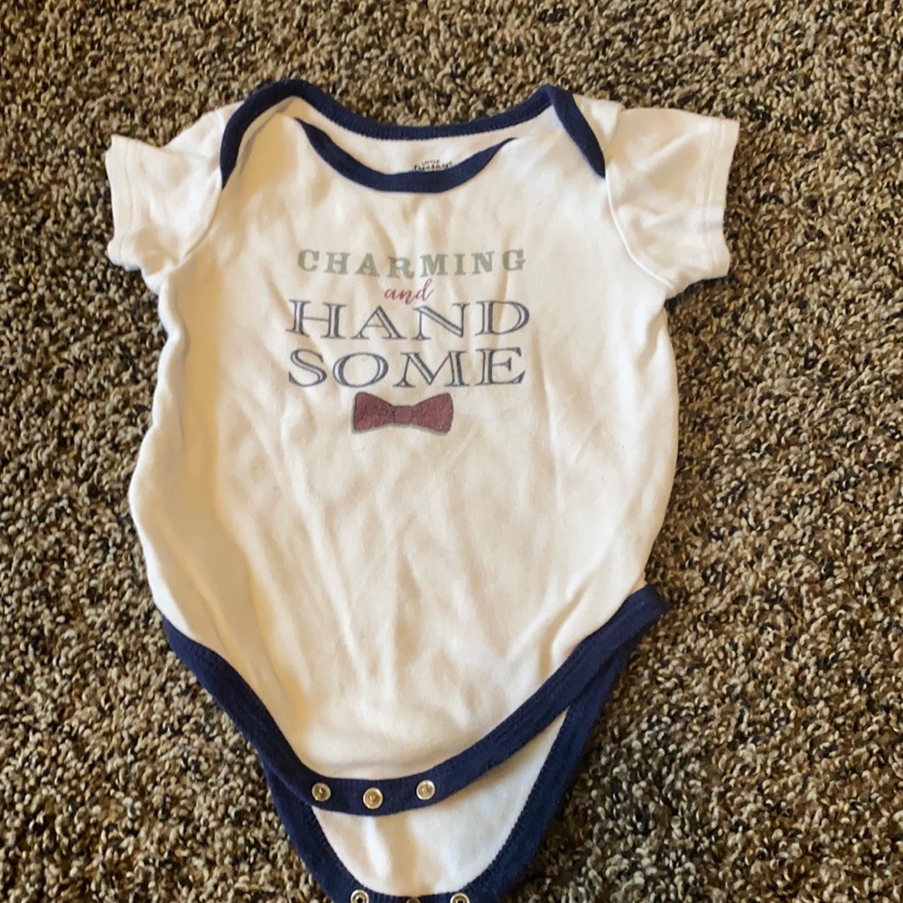White and navy 9-12mo “Charming and Handsome” onesie with 3 snaps on bottom